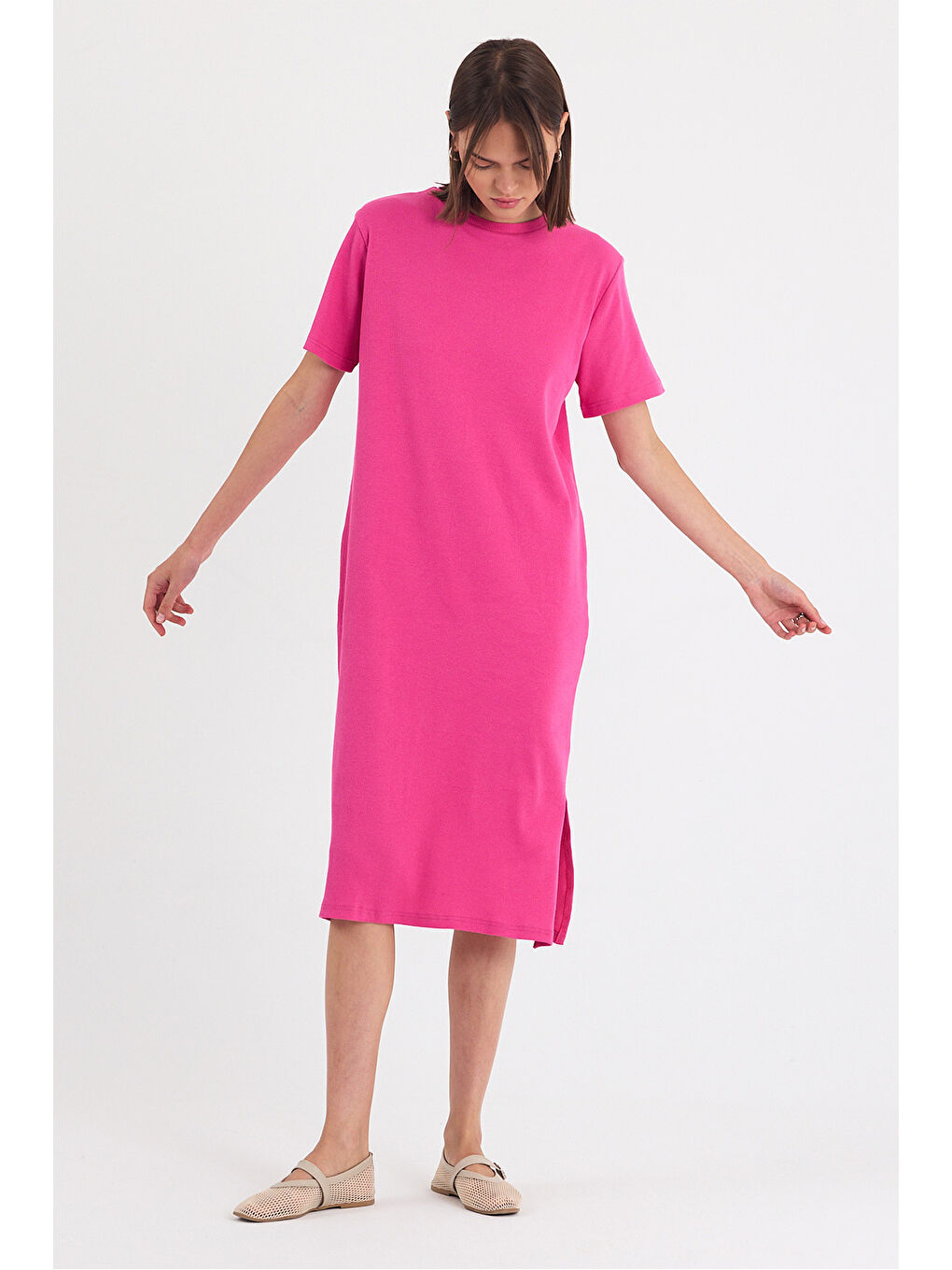 Kadın Kısa Kol Fuşya Elbise-3