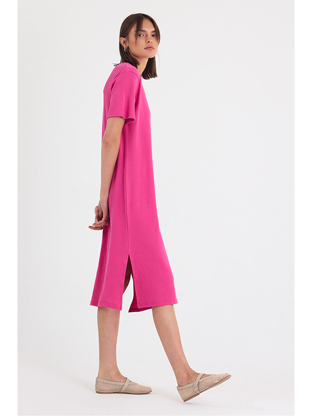 Kadın Kısa Kol Fuşya Elbise-4