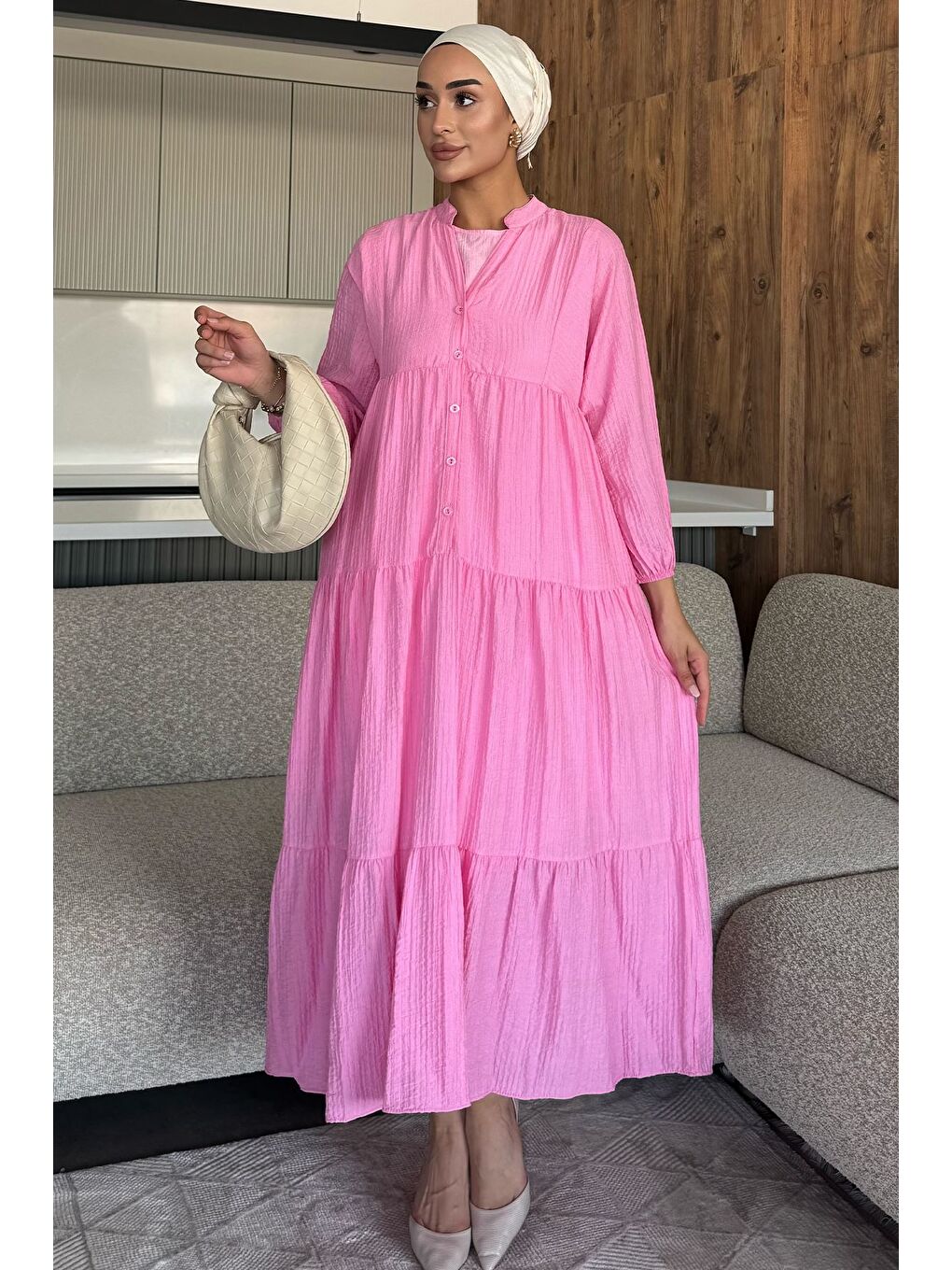 Pembe Tesettür Ön Düğmeli Mevsimlik Elbise-1
