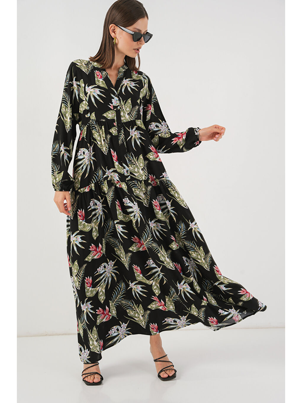 Kadın Desenli Uzun Tesettür Elbise 2585 - K. Siyah-4