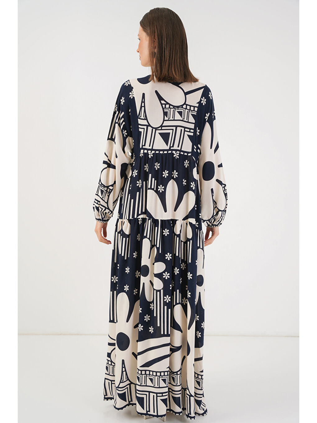 Kadın Desenli Uzun Tesettür Elbise 2585 - L. Lacivert-5