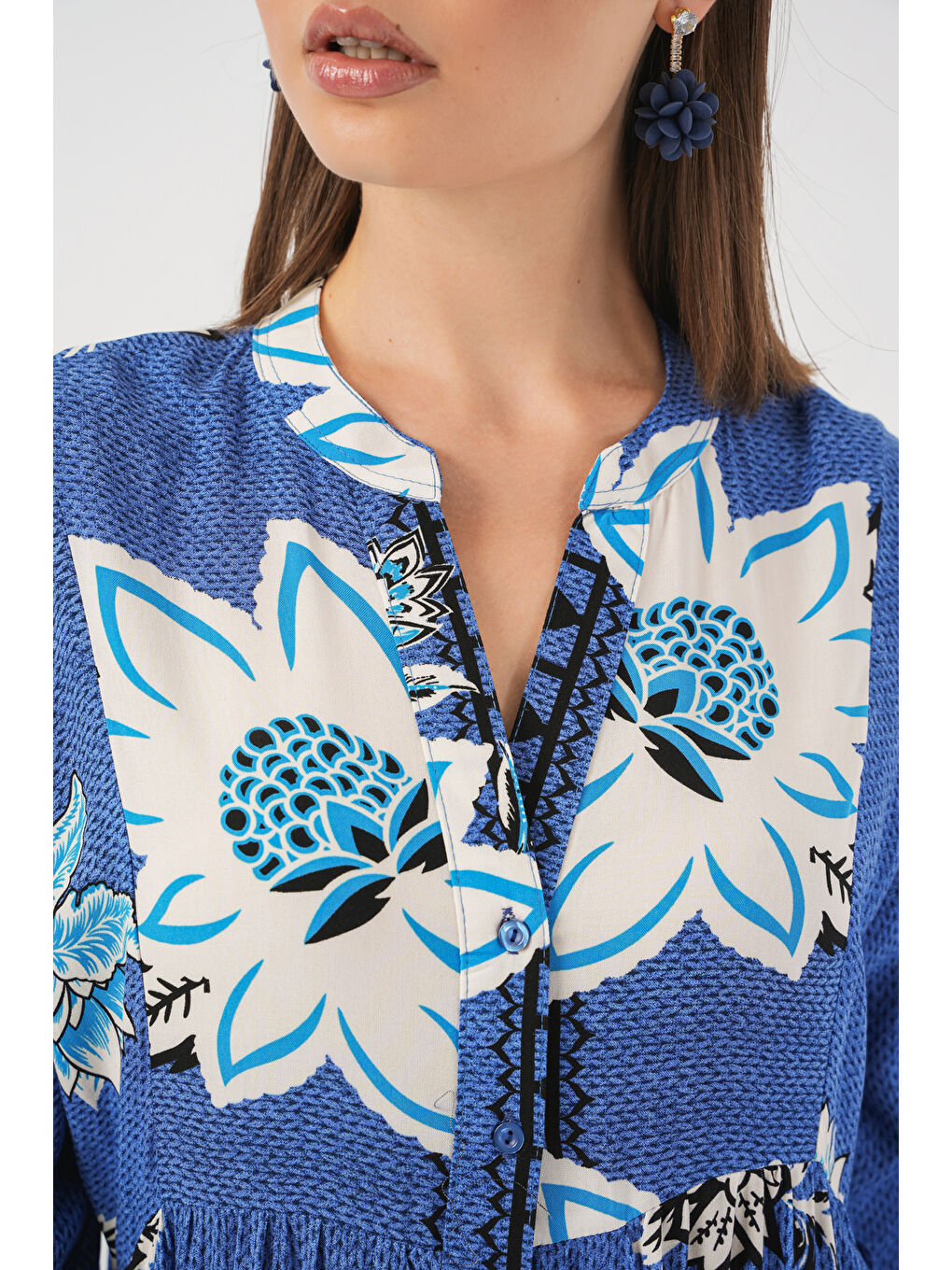 Bej Kadın Desenli Uzun Tesettür Elbise 2585 - B.Mavi-4