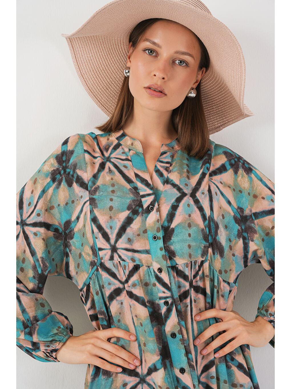 Yeşil Kadın Desenli Uzun Tesettür Elbise 2585 - D. Mint-1