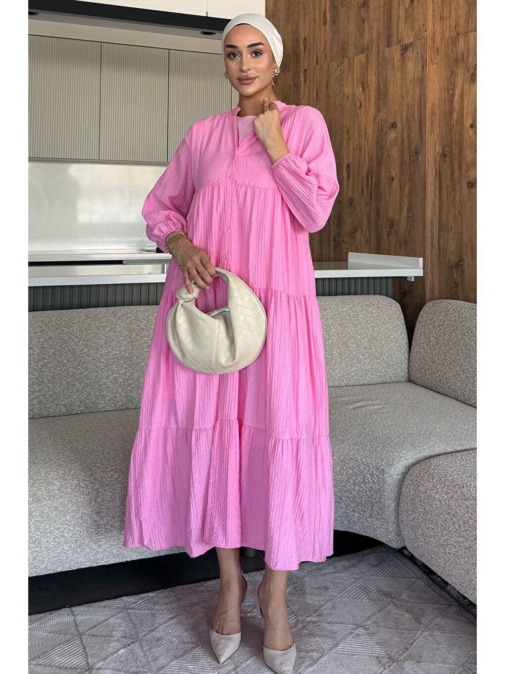 Pembe Tesettür Ön Düğmeli Mevsimlik Elbise-3