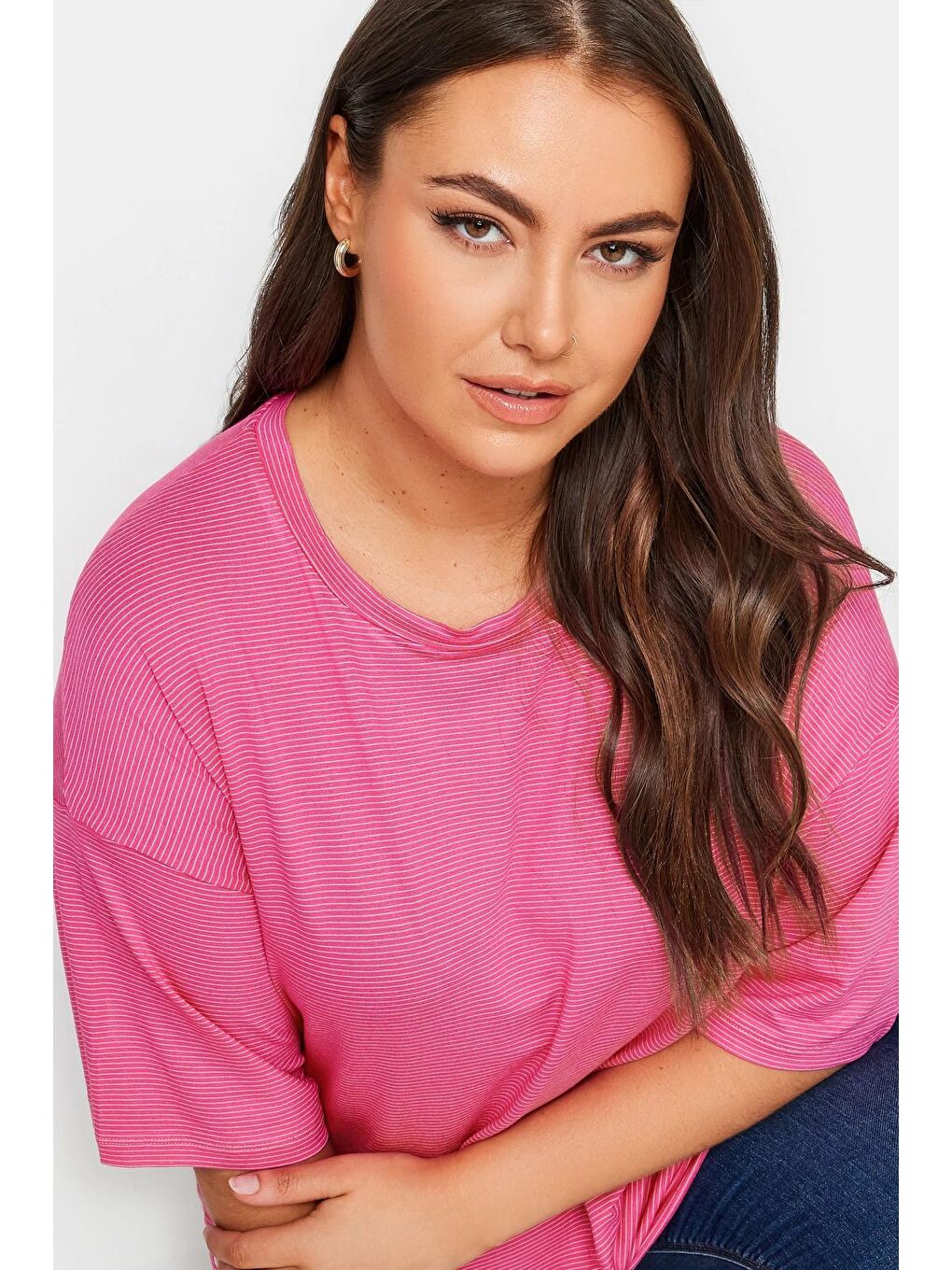 Pembe Büyük Beden Bisiklet Yaka Yarım Kollu Uzun Kesim Tişört 302544-3