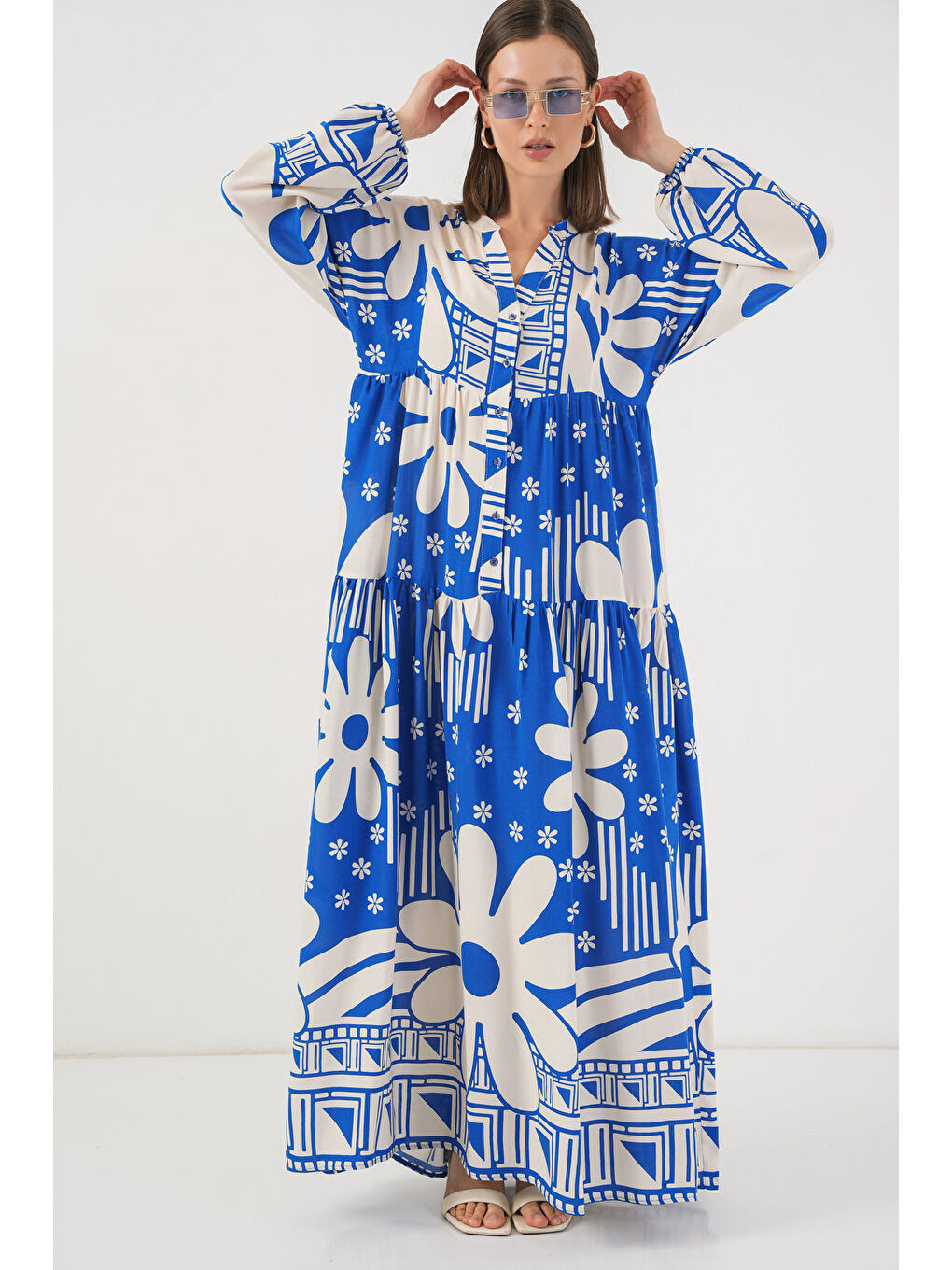 Kadın Desenli Uzun Tesettür Elbise 2585 - Mavi-2