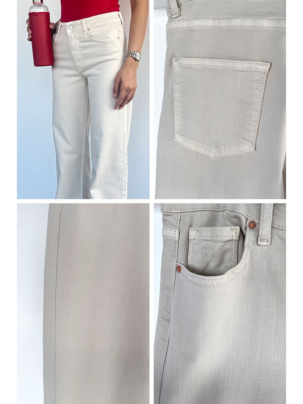 Bej Kadın Yüksek Bel Palazzo Elastanlı Gabardin Pantolon-4