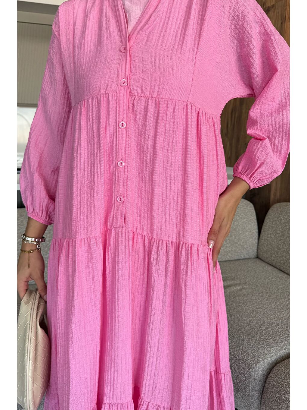 Pembe Tesettür Ön Düğmeli Mevsimlik Elbise-4