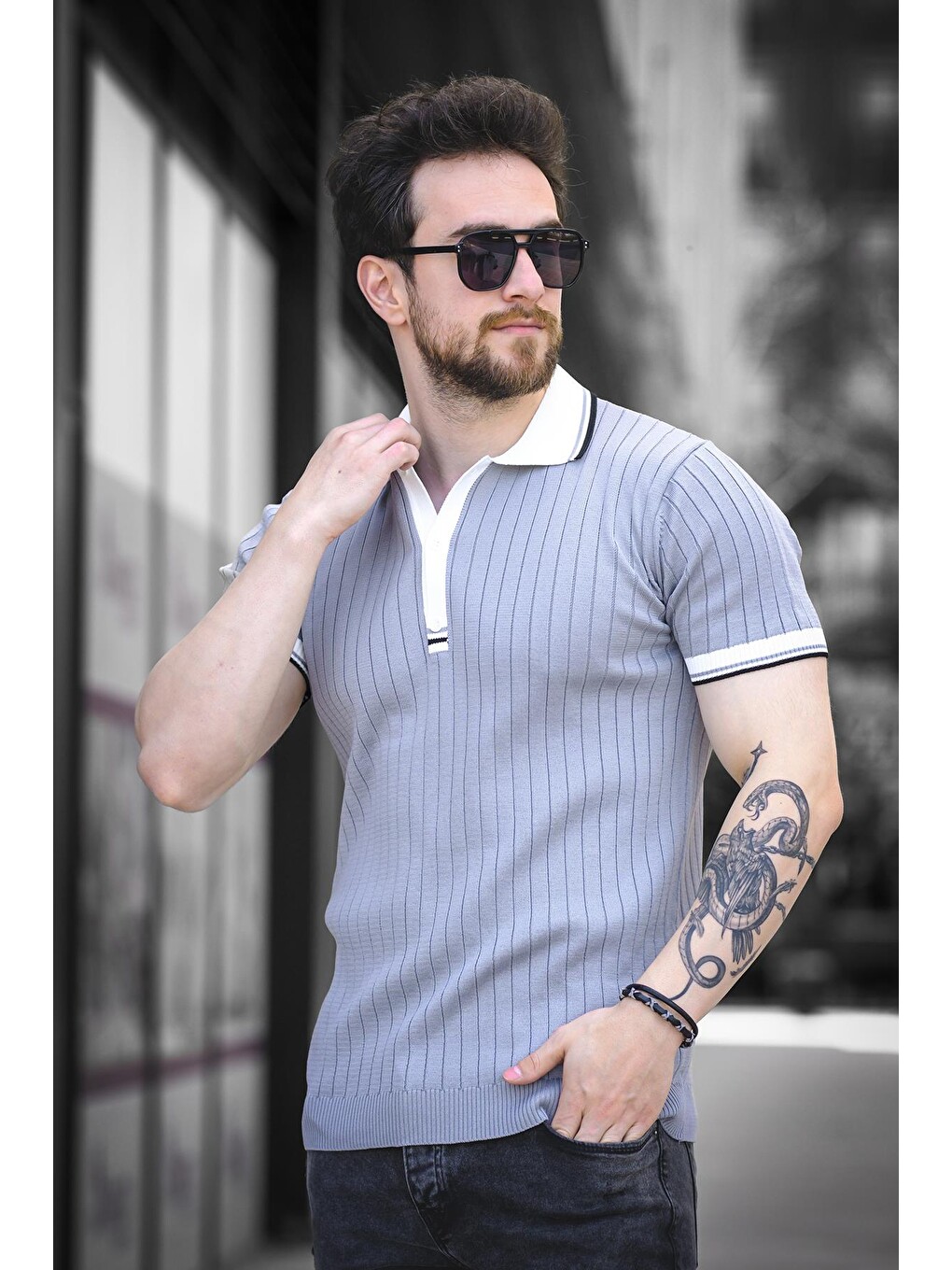 Gri Ferruc Çizgili Elastanlı Slim Fit Renkli Polo Yaka Örme Erkek Triko Tişört