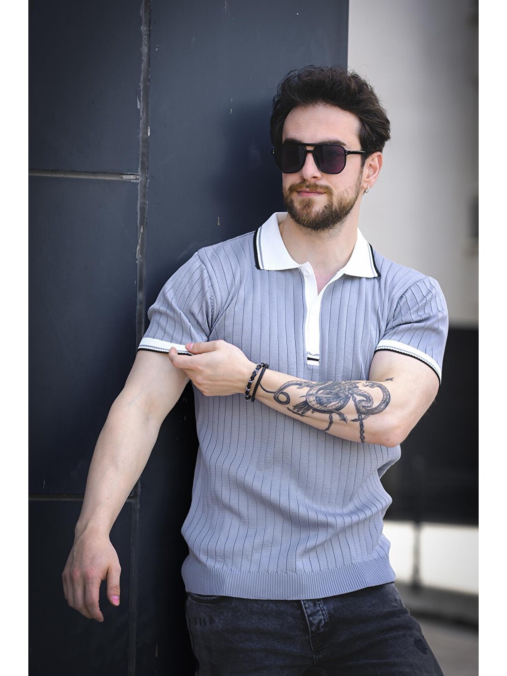 Gri Ferruc Çizgili Elastanlı Slim Fit Renkli Polo Yaka Örme Erkek Triko Tişört-1