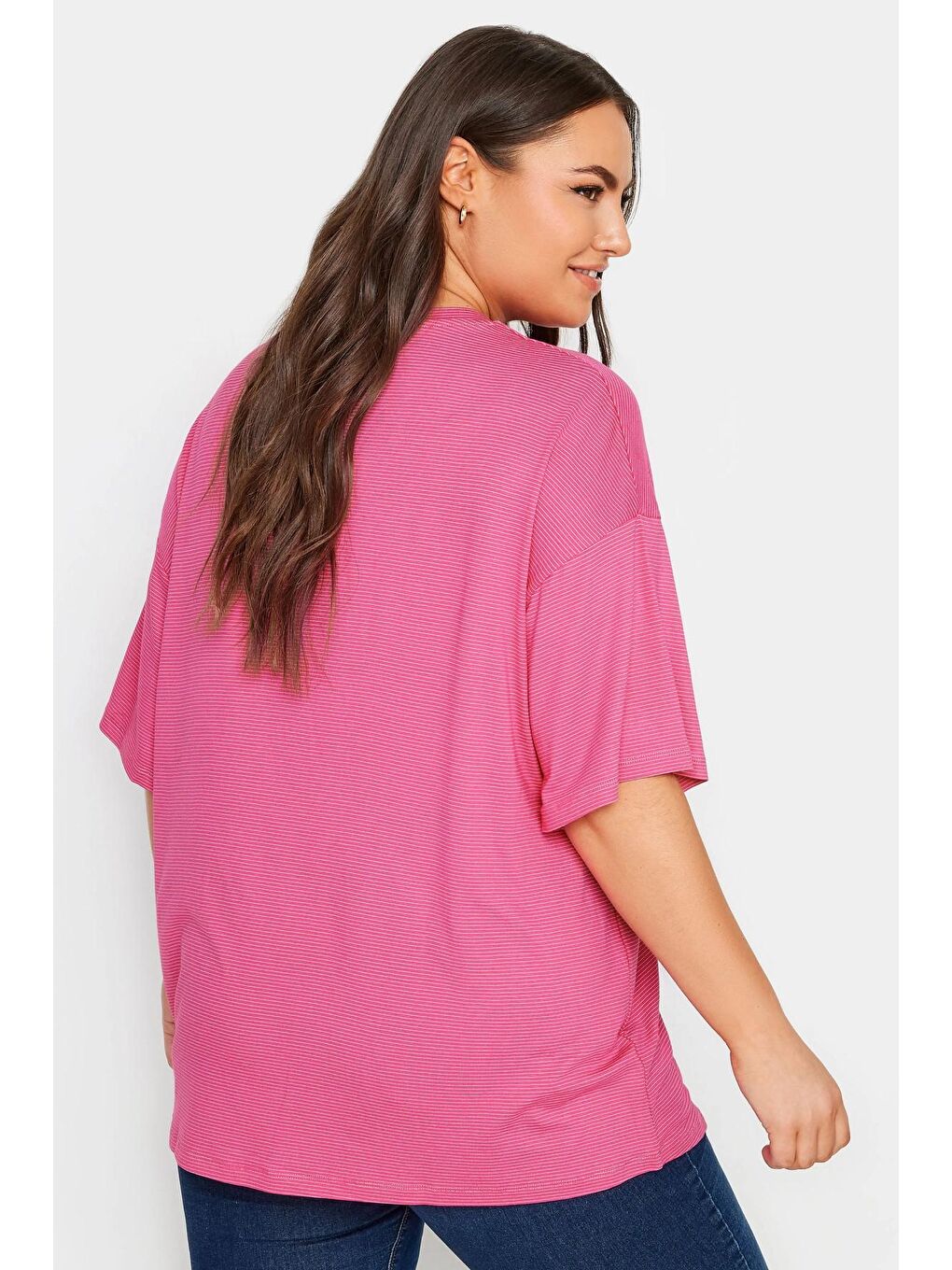 Pembe Büyük Beden Bisiklet Yaka Yarım Kollu Uzun Kesim Tişört 302544-4