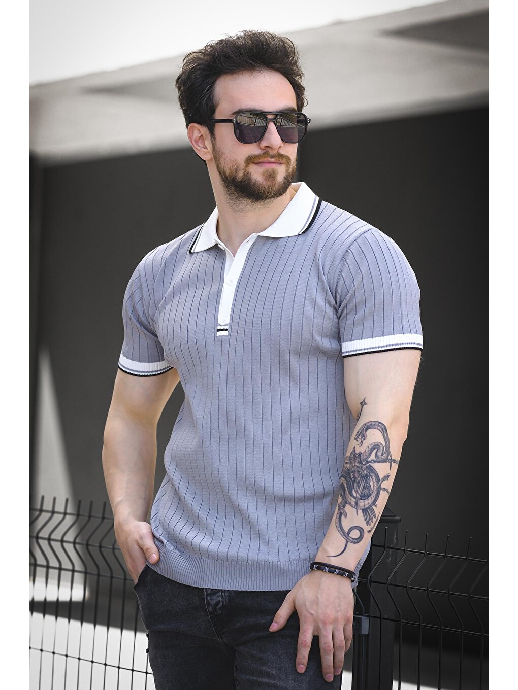 Gri Ferruc Çizgili Elastanlı Slim Fit Renkli Polo Yaka Örme Erkek Triko Tişört-2