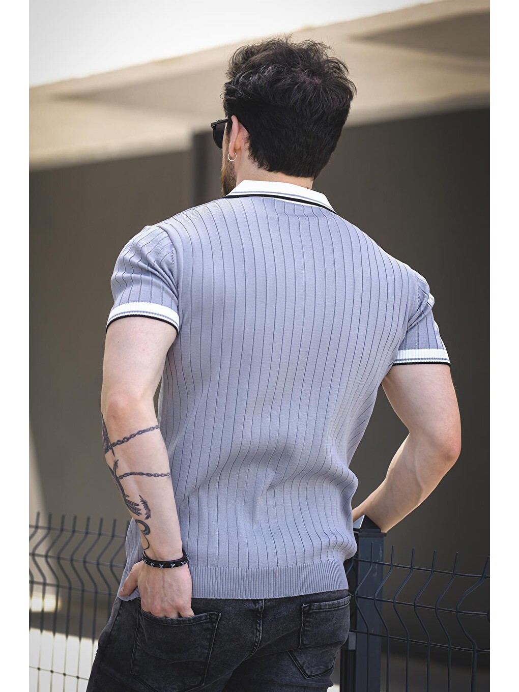 Gri Ferruc Çizgili Elastanlı Slim Fit Renkli Polo Yaka Örme Erkek Triko Tişört-3