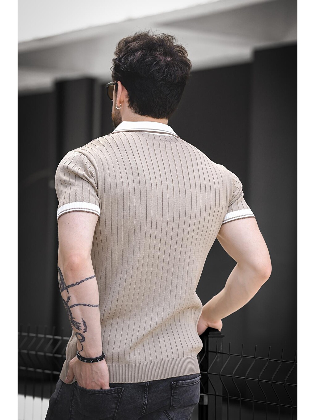 Gri Ferruc Çizgili Elastanlı Slim Fit Renkli Polo Yaka Örme Erkek Triko Tişört-4