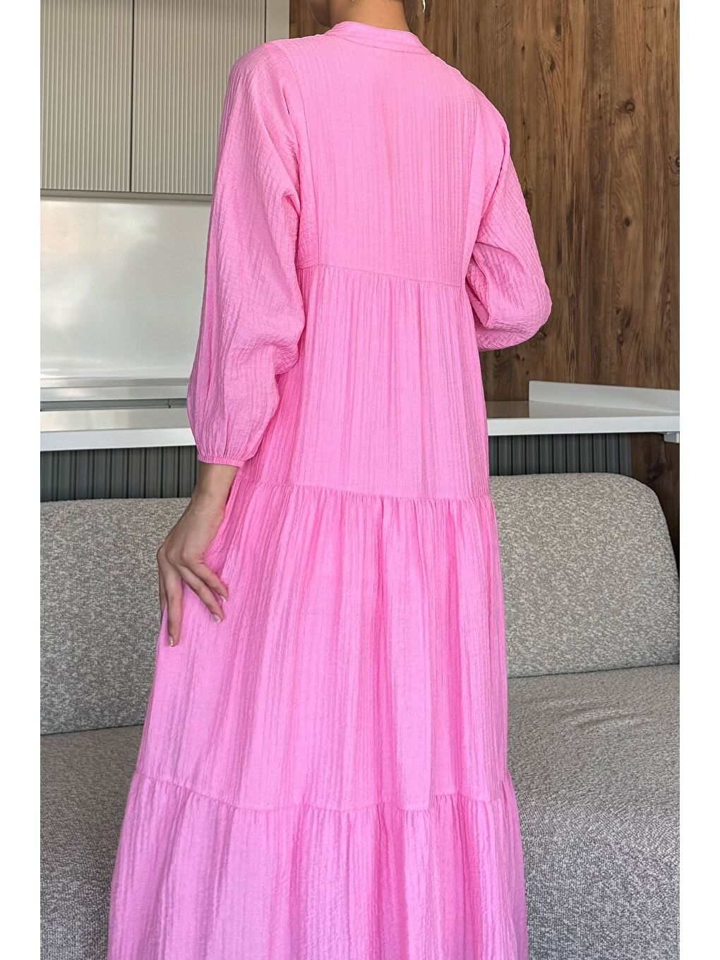 Pembe Tesettür Ön Düğmeli Mevsimlik Elbise-7