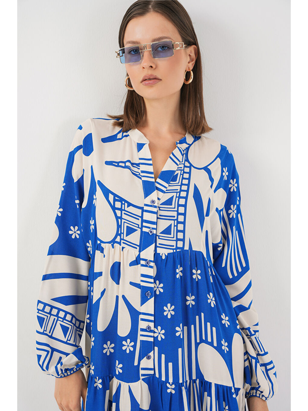 Kadın Desenli Uzun Tesettür Elbise 2585 - Mavi-3