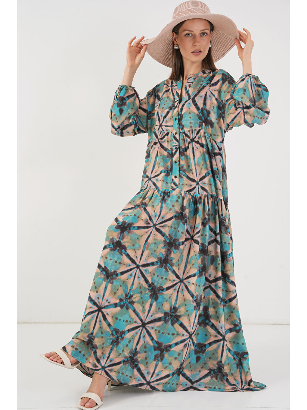 Yeşil Kadın Desenli Uzun Tesettür Elbise 2585 - D. Mint-2