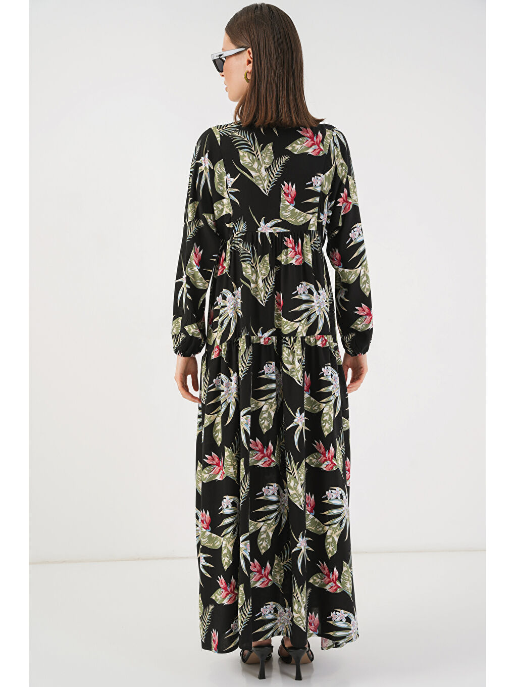 Kadın Desenli Uzun Tesettür Elbise 2585 - K. Siyah-6