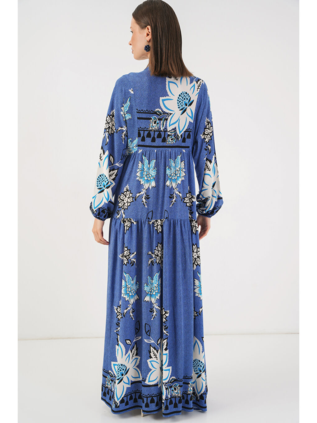 Bej Kadın Desenli Uzun Tesettür Elbise 2585 - B.Mavi-5