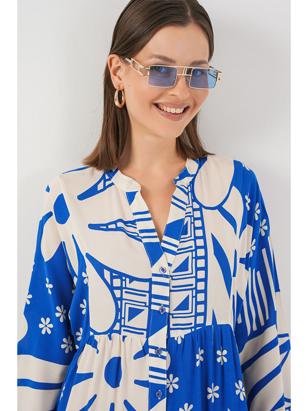 Kadın Desenli Uzun Tesettür Elbise 2585 - Mavi-4