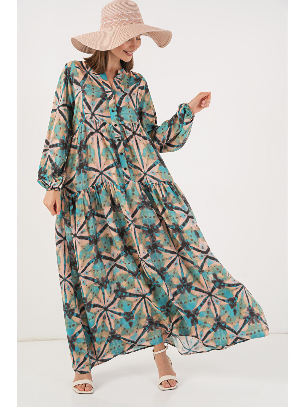 Yeşil Kadın Desenli Uzun Tesettür Elbise 2585 - D. Mint-3