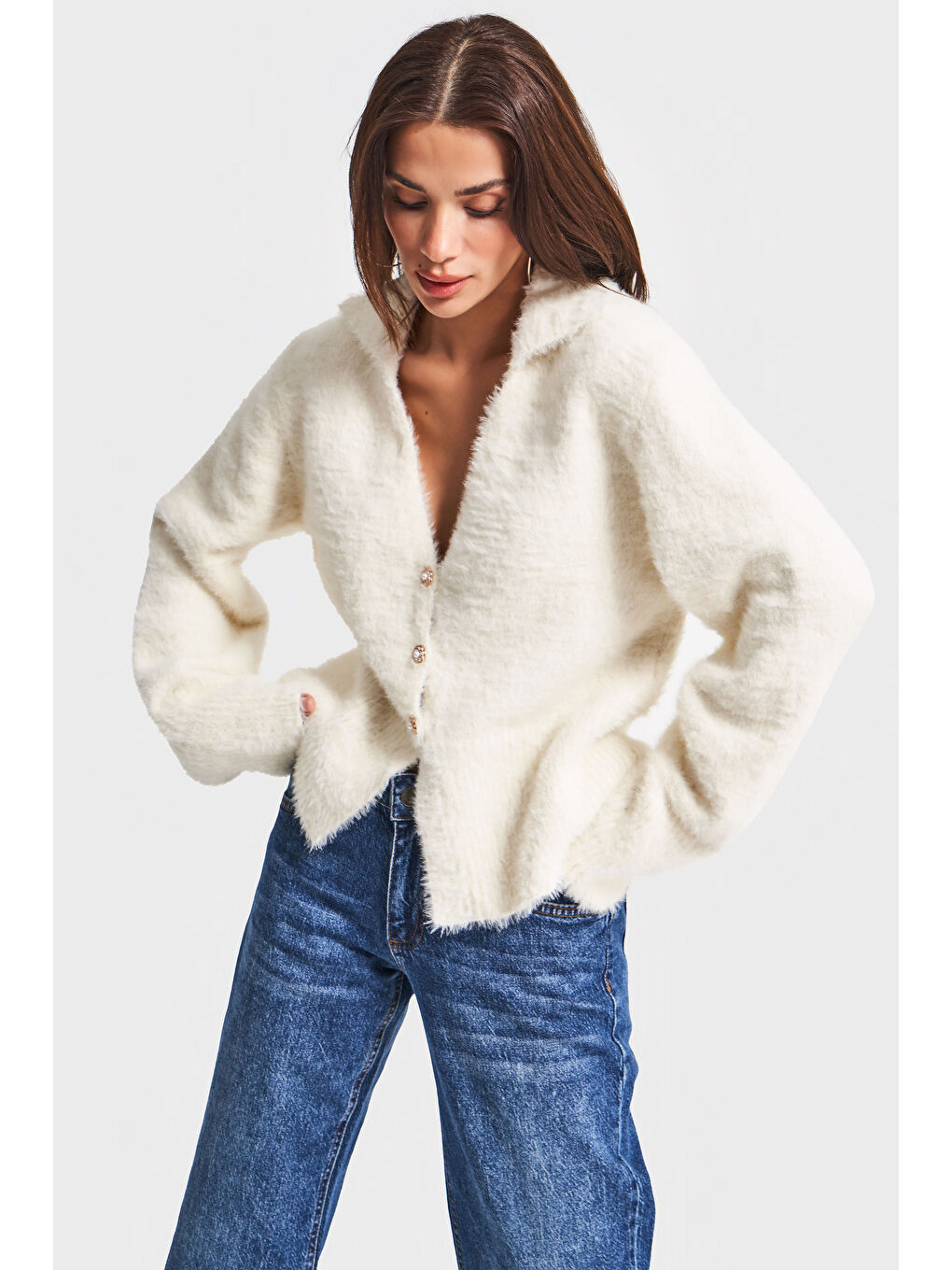 Kadın Ekru Renk w5-2 Önü Düğmeli Özel Dokuma Oversize Hırka