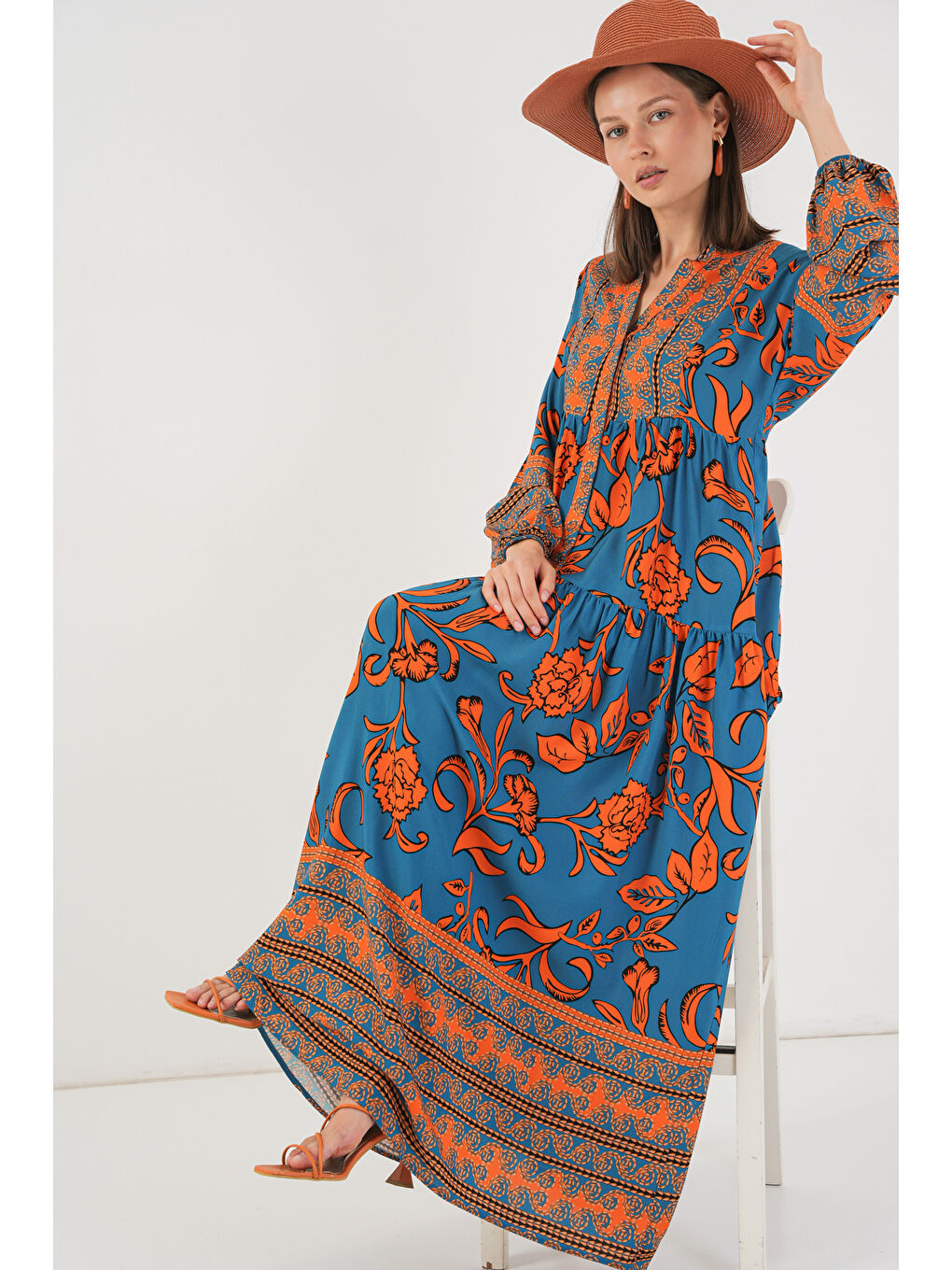 Kadın Desenli Uzun Tesettür Elbise 2585 - C. Turuncu-1