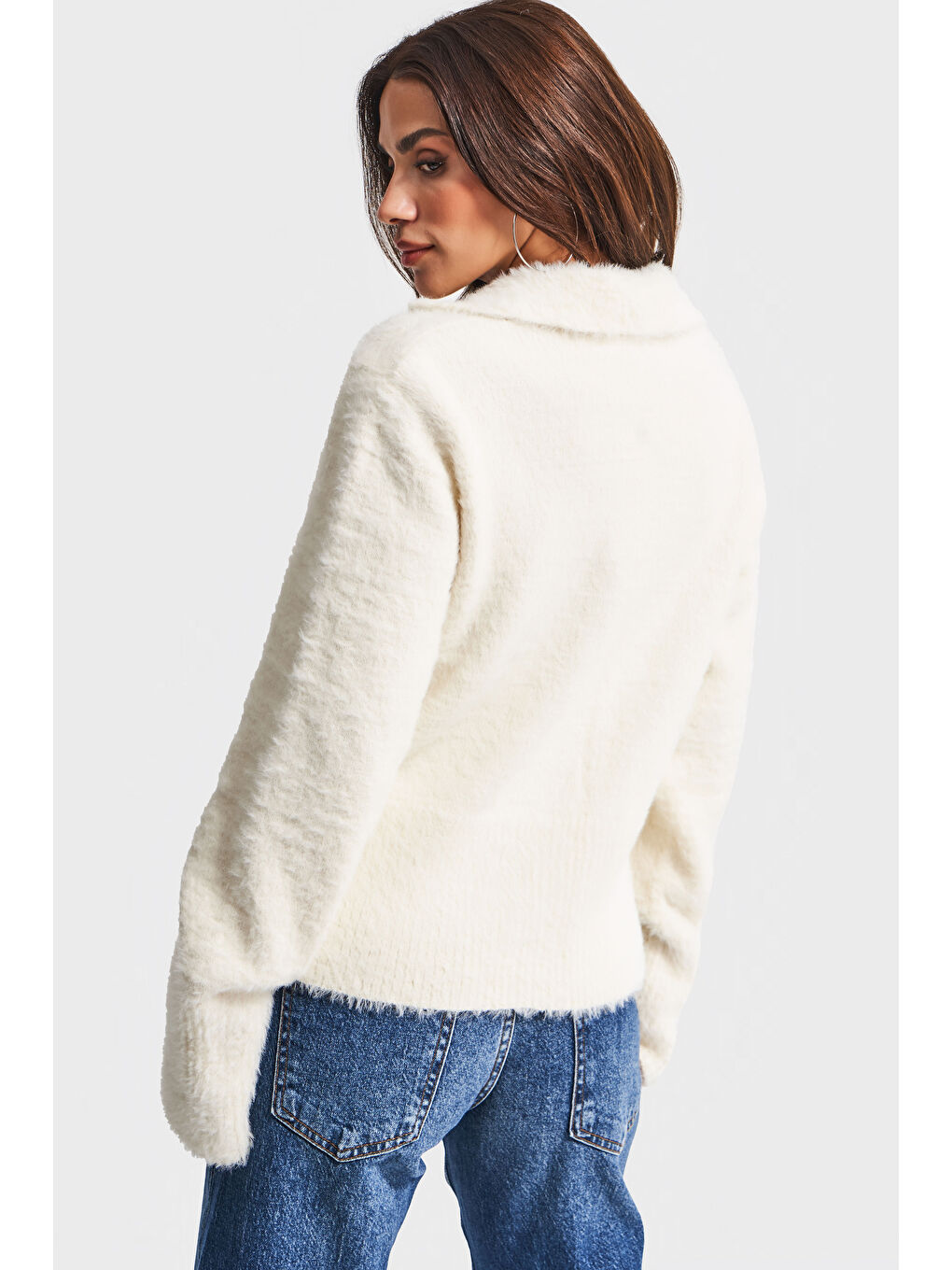 Kadın Ekru Renk w5-2 Önü Düğmeli Özel Dokuma Oversize Hırka-3