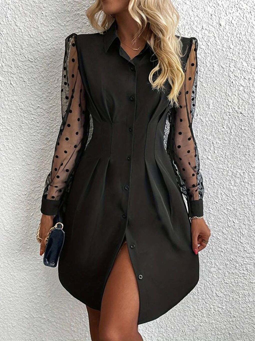 Siyah Kadın Uzun Puantiyeli Tül Kol Gömlek Yakalı önden Düğmeli Ithal Krep Elbise