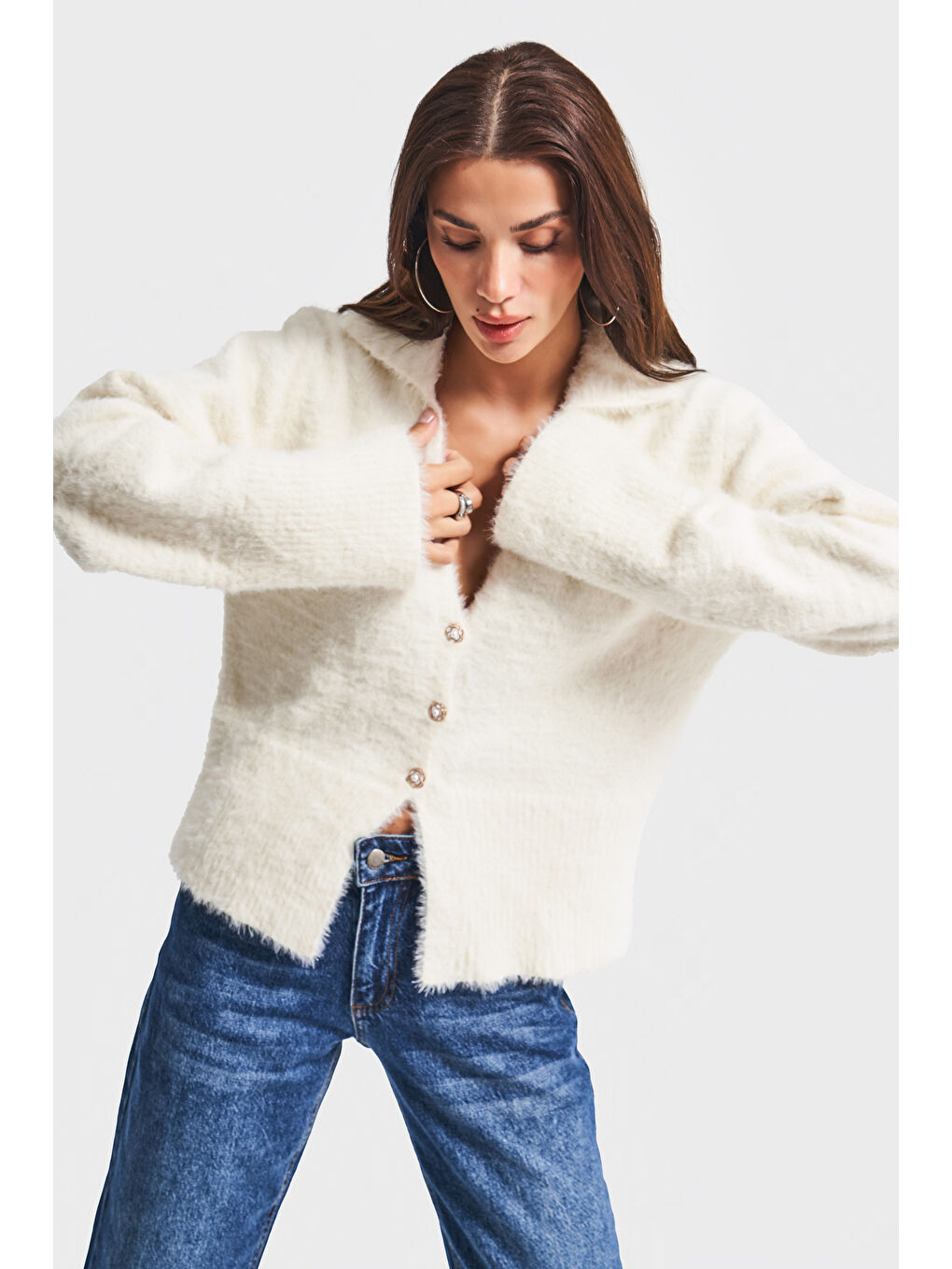 Kadın Ekru Renk w5-2 Önü Düğmeli Özel Dokuma Oversize Hırka-4