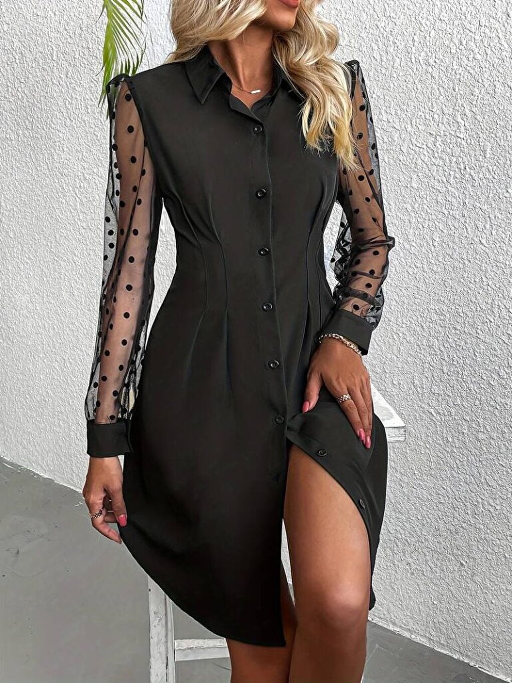 Siyah Kadın Uzun Puantiyeli Tül Kol Gömlek Yakalı önden Düğmeli Ithal Krep Elbise-1