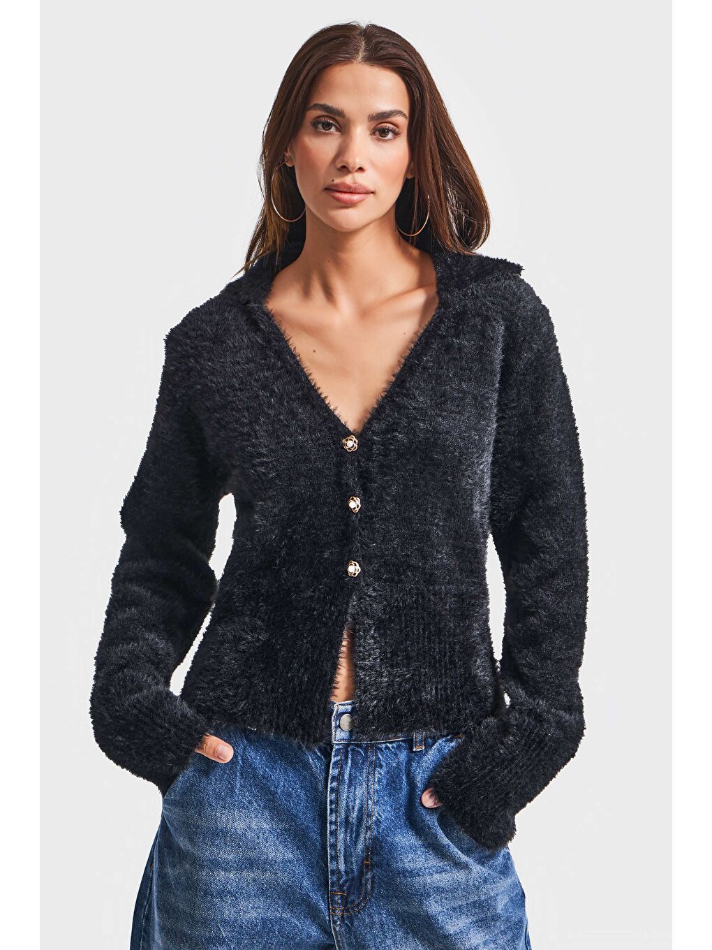 Kadın Siyah Renk w5-1 Önü Düğmeli Özel Dokuma Oversize Hırka