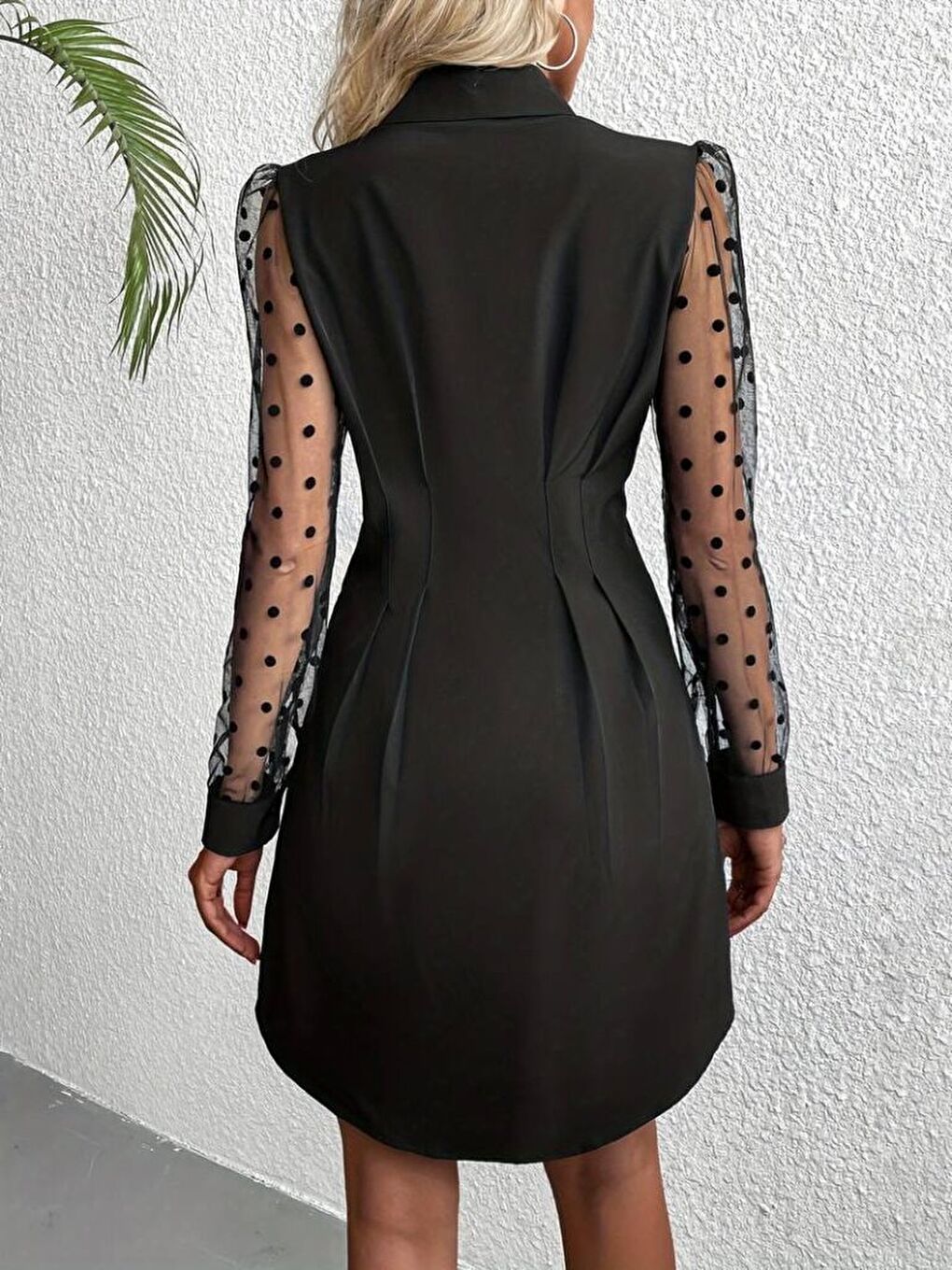 Siyah Kadın Uzun Puantiyeli Tül Kol Gömlek Yakalı önden Düğmeli Ithal Krep Elbise-2