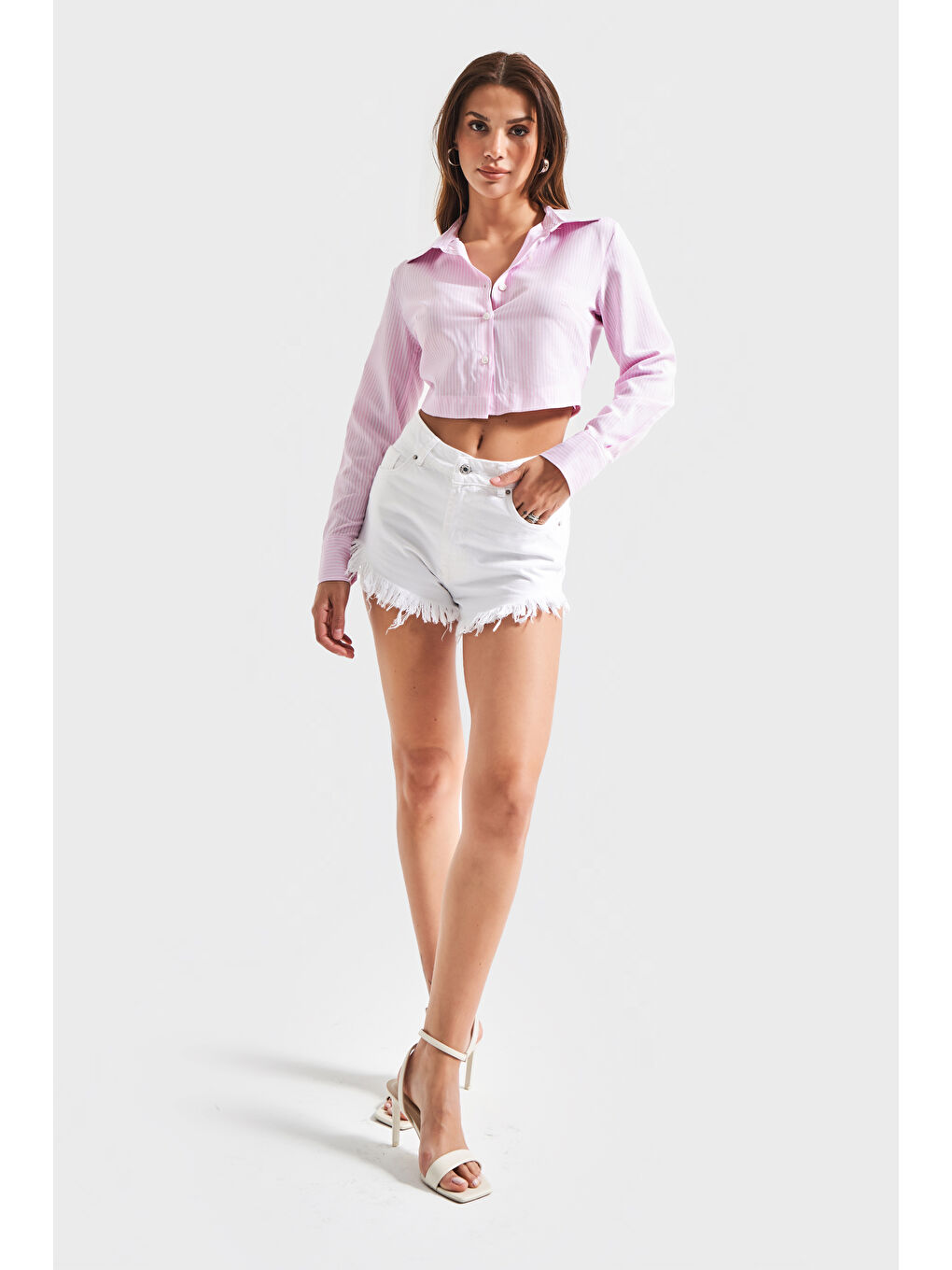 Kadın Pembe Çizgili Renk s5-98 Crop Fit Gömlek-1