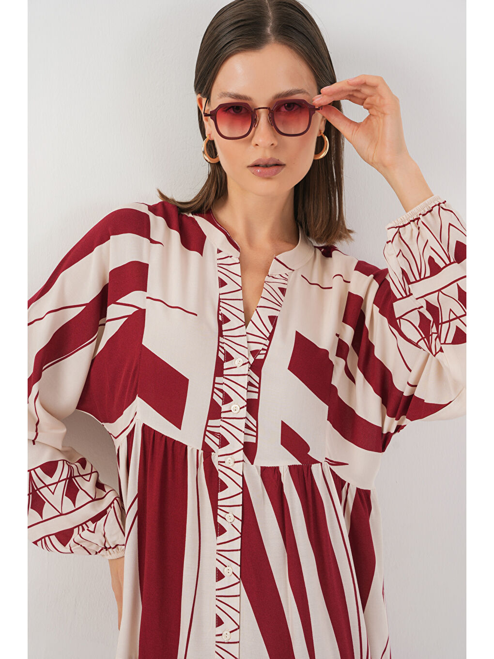 Kadın Desenli Uzun Tesettür Elbise 2585 - Y.Bordo-1