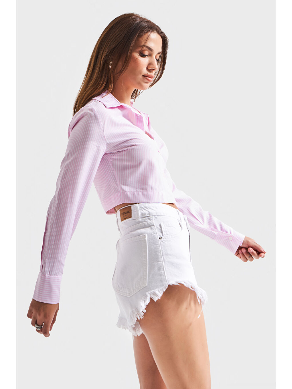 Kadın Pembe Çizgili Renk s5-98 Crop Fit Gömlek-2