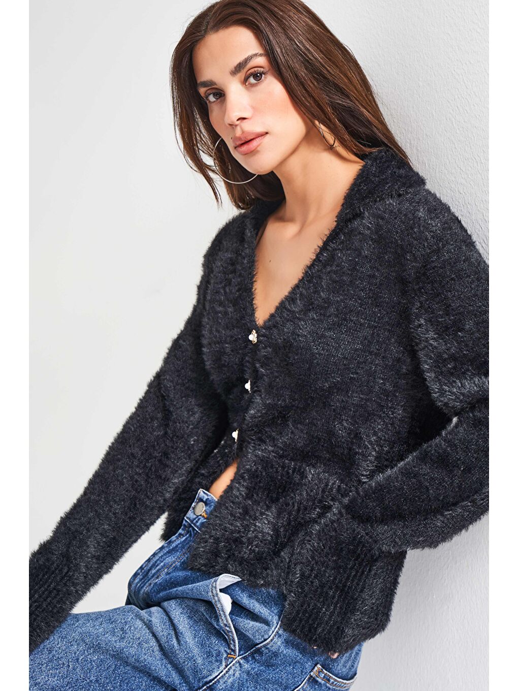 Kadın Siyah Renk w5-1 Önü Düğmeli Özel Dokuma Oversize Hırka-1