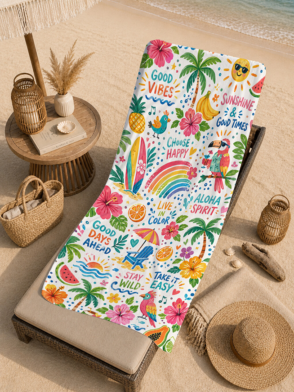 Pembe Pop Art Renkli Yaz Doodle Desenli 70x150 Plaj Havlusu - Dijital Baskılı Solmaz Banyo Havlusu-3