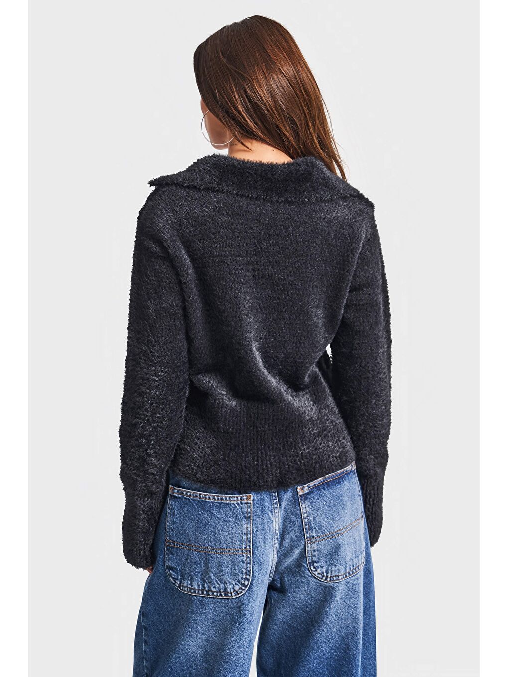 Kadın Siyah Renk w5-1 Önü Düğmeli Özel Dokuma Oversize Hırka-2