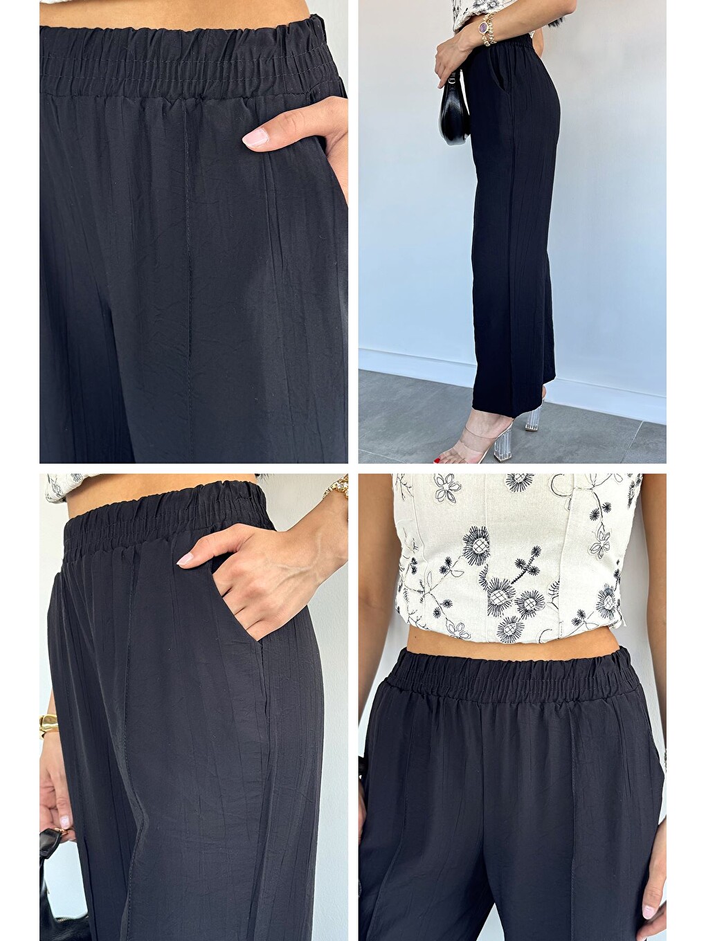 Siyah Çimalı Bol Paça Pantolon-1