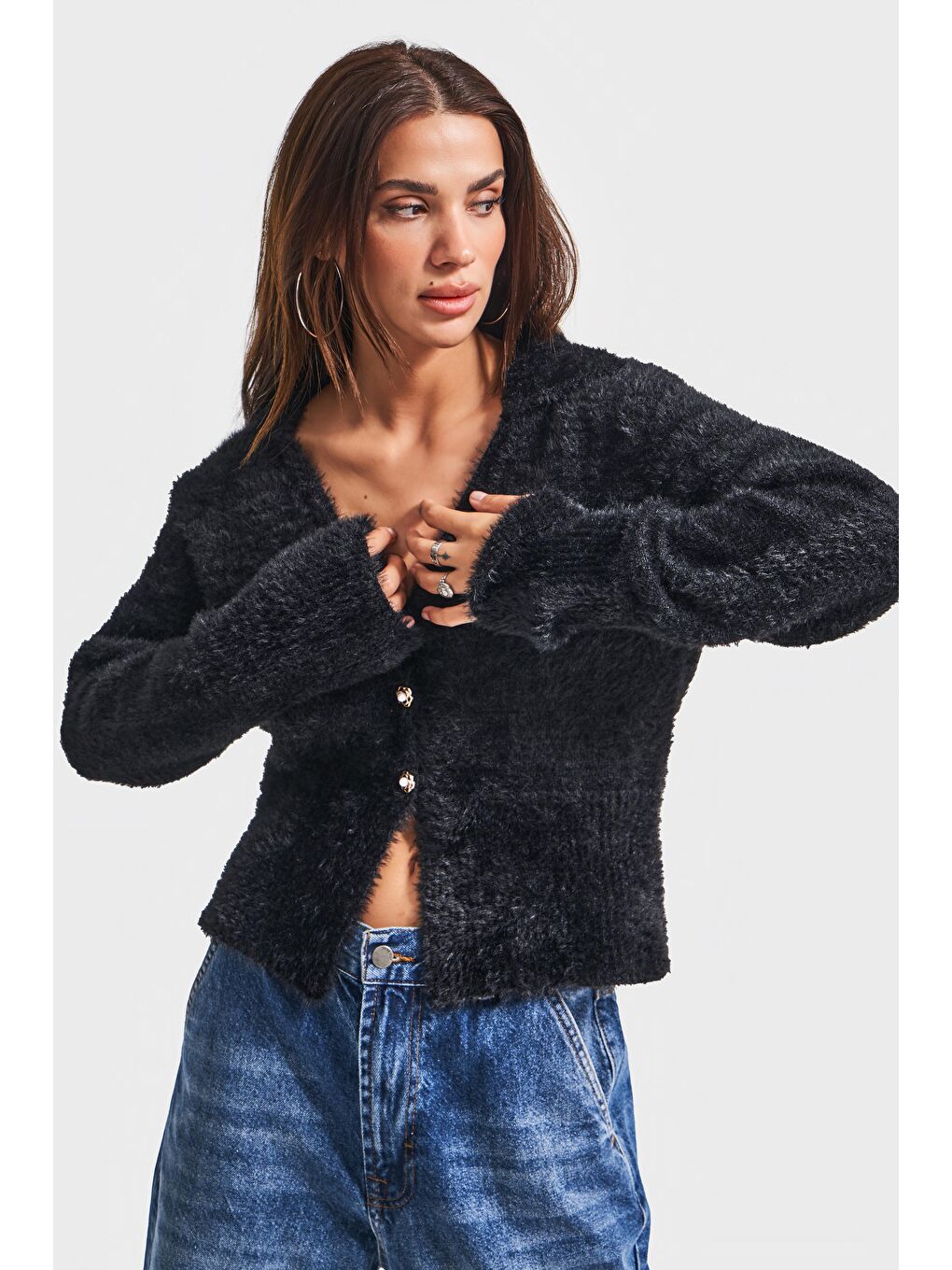 Kadın Siyah Renk w5-1 Önü Düğmeli Özel Dokuma Oversize Hırka-3