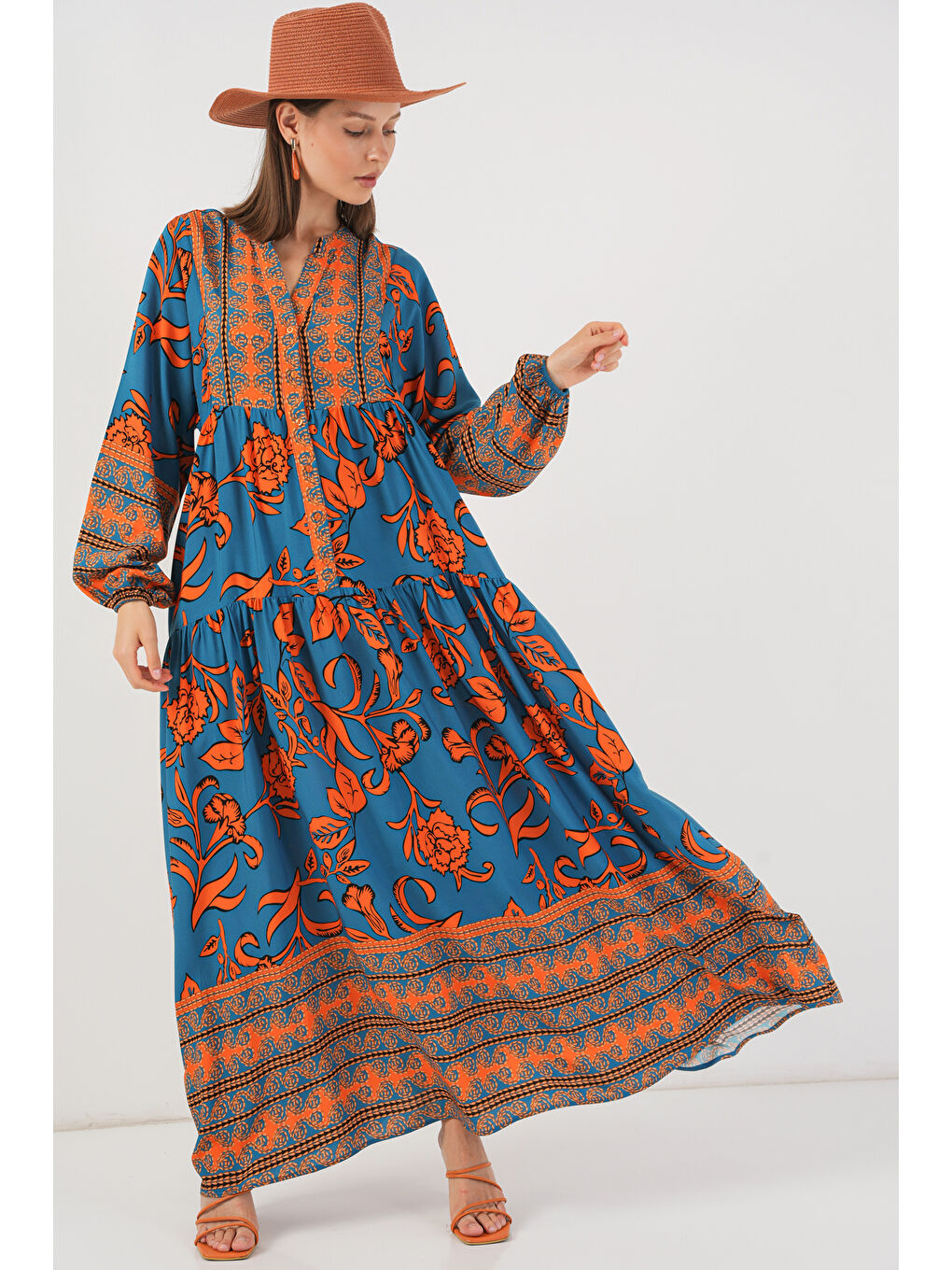 Kadın Desenli Uzun Tesettür Elbise 2585 - C. Turuncu-2