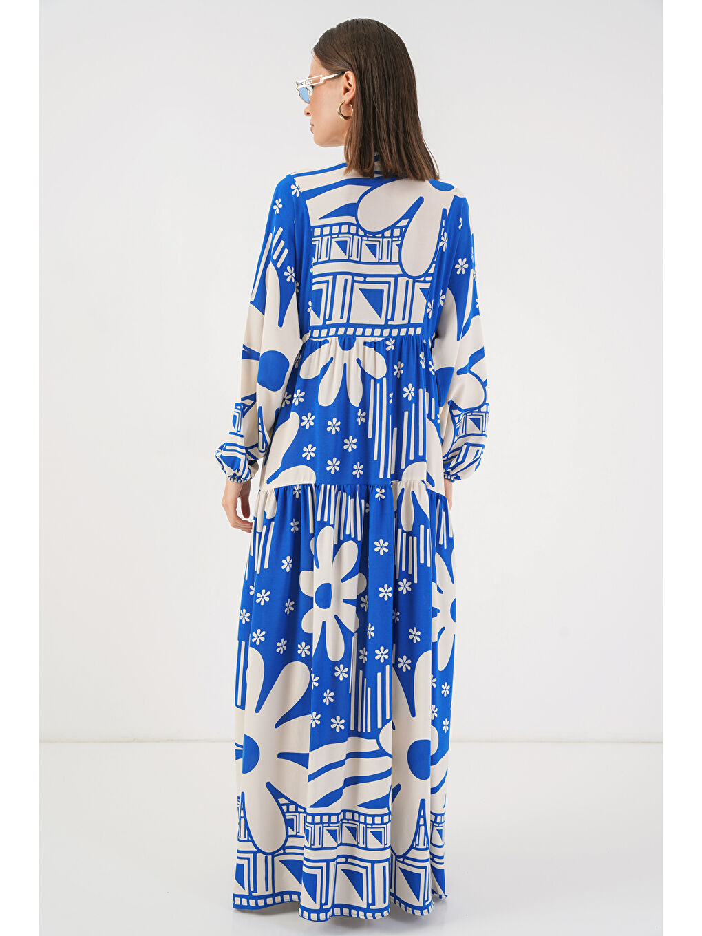 Kadın Desenli Uzun Tesettür Elbise 2585 - Mavi-6