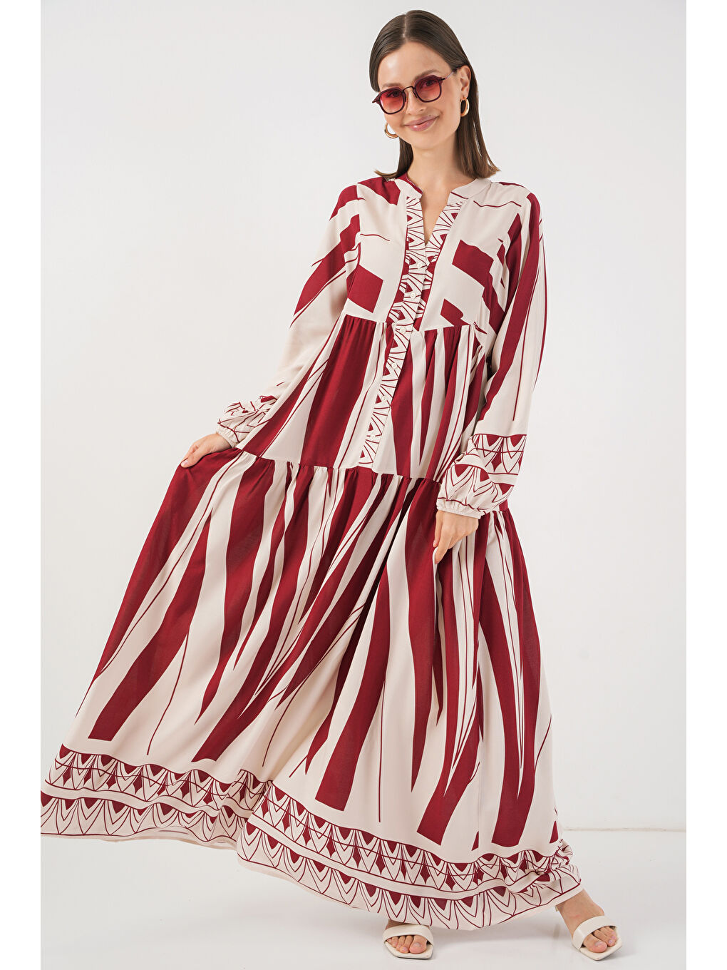 Kadın Desenli Uzun Tesettür Elbise 2585 - Y.Bordo-2