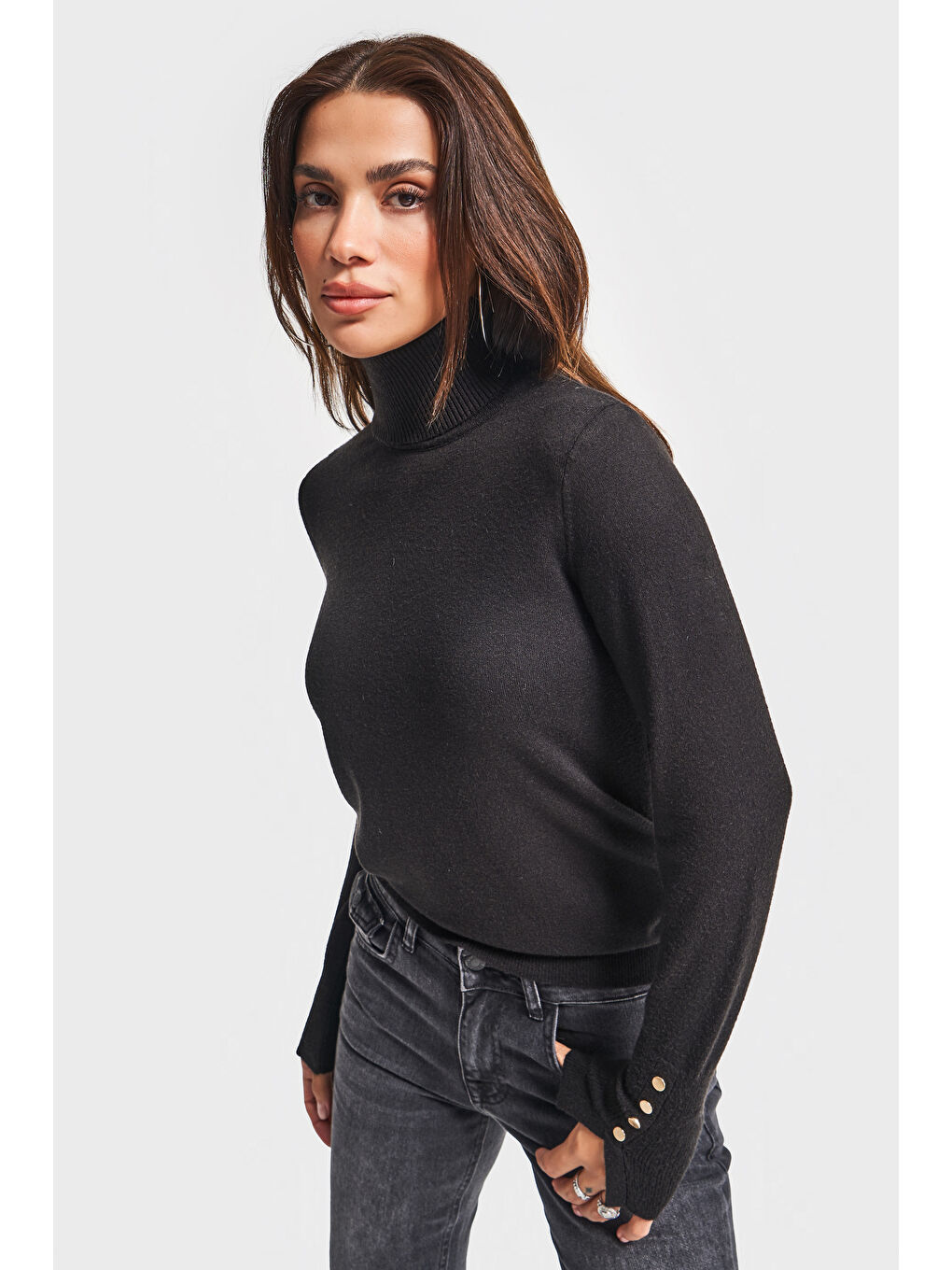 Kadın Siyah Renk w5-1 Yumuşak İnce Triko Kumaş Balıkçı Yaka Triko Kazak-1