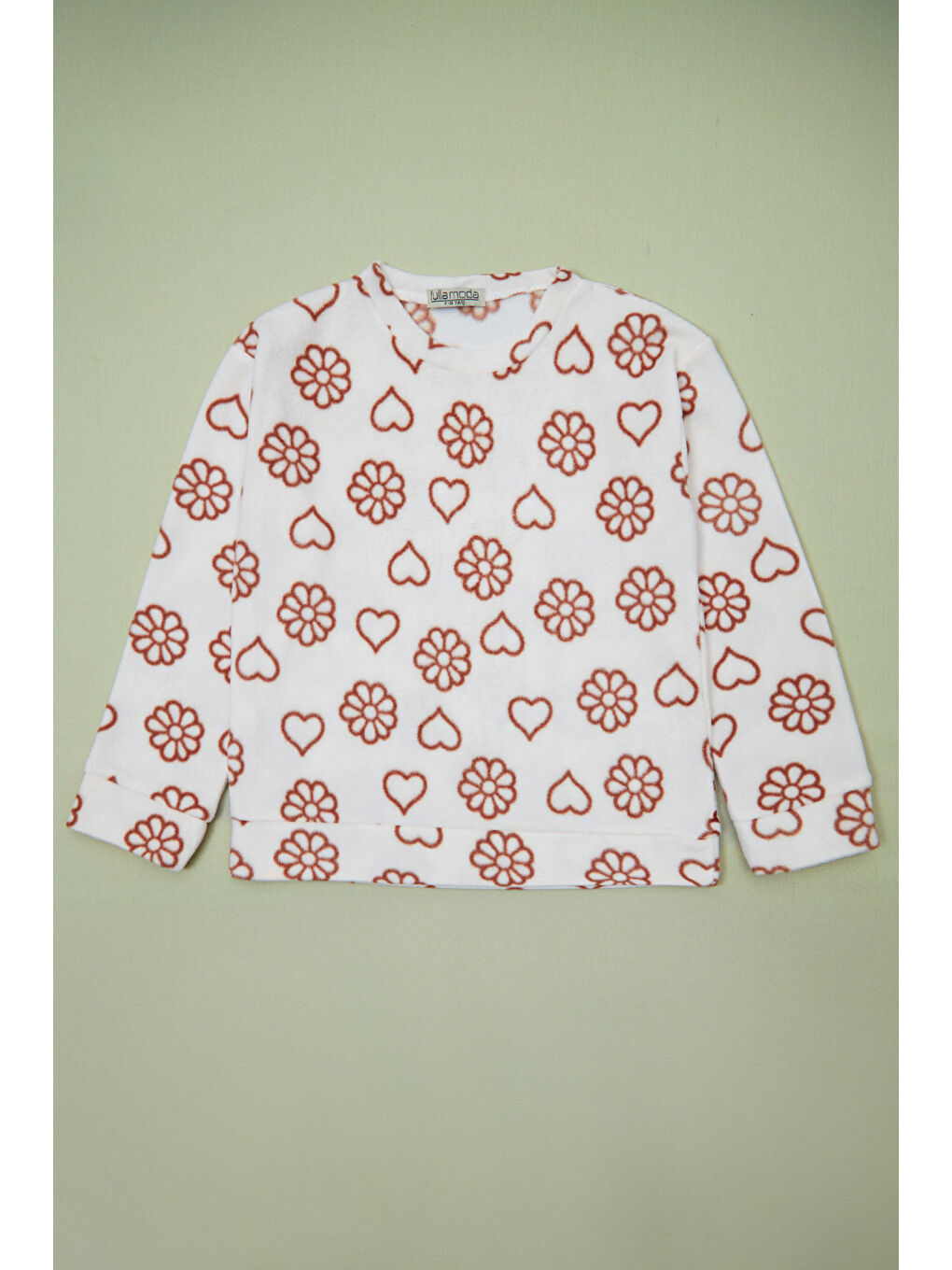 Bej Kalp Ve Çiçek Desenli Kız Çocuk 2 Li Polar Takım-1