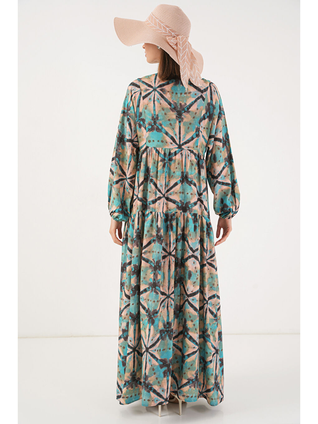 Yeşil Kadın Desenli Uzun Tesettür Elbise 2585 - D. Mint-5