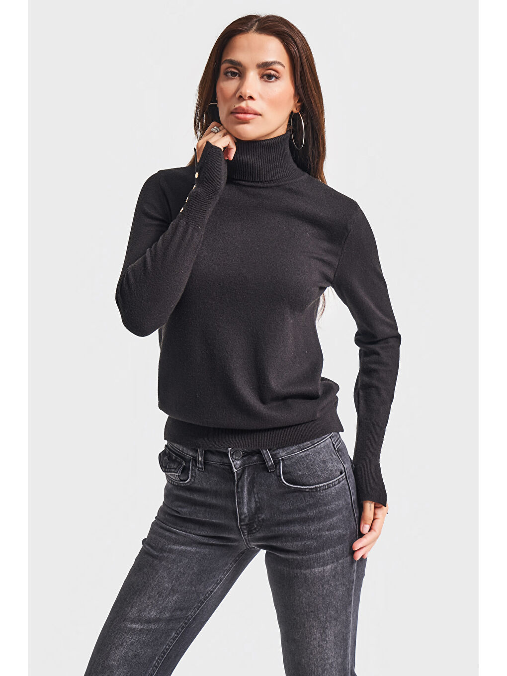 Kadın Siyah Renk w5-1 Yumuşak İnce Triko Kumaş Balıkçı Yaka Triko Kazak-2