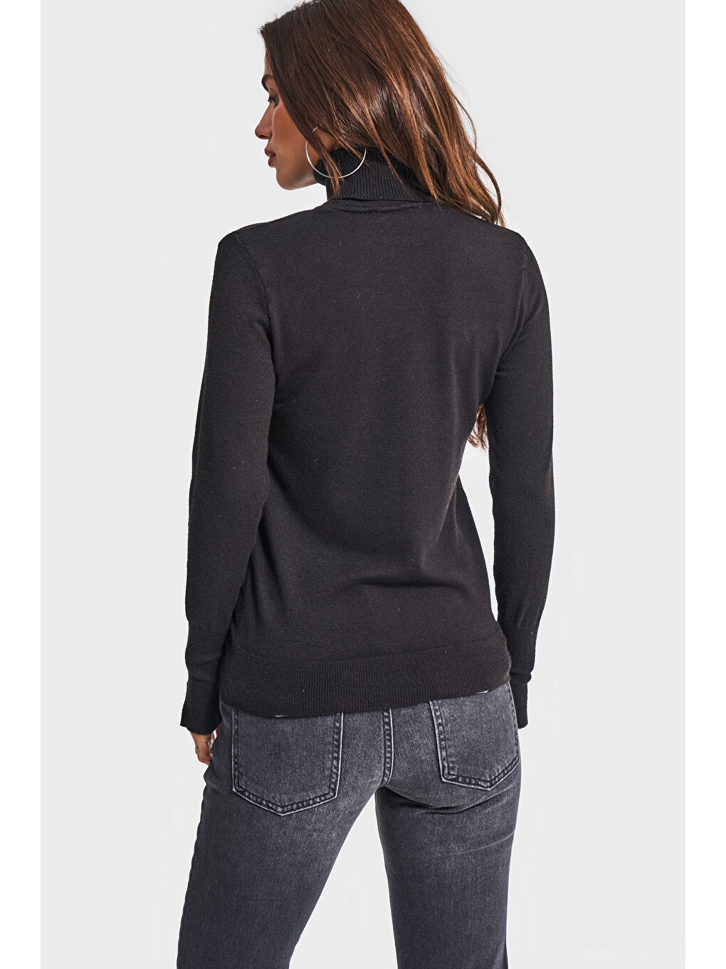 Kadın Siyah Renk w5-1 Yumuşak İnce Triko Kumaş Balıkçı Yaka Triko Kazak-3