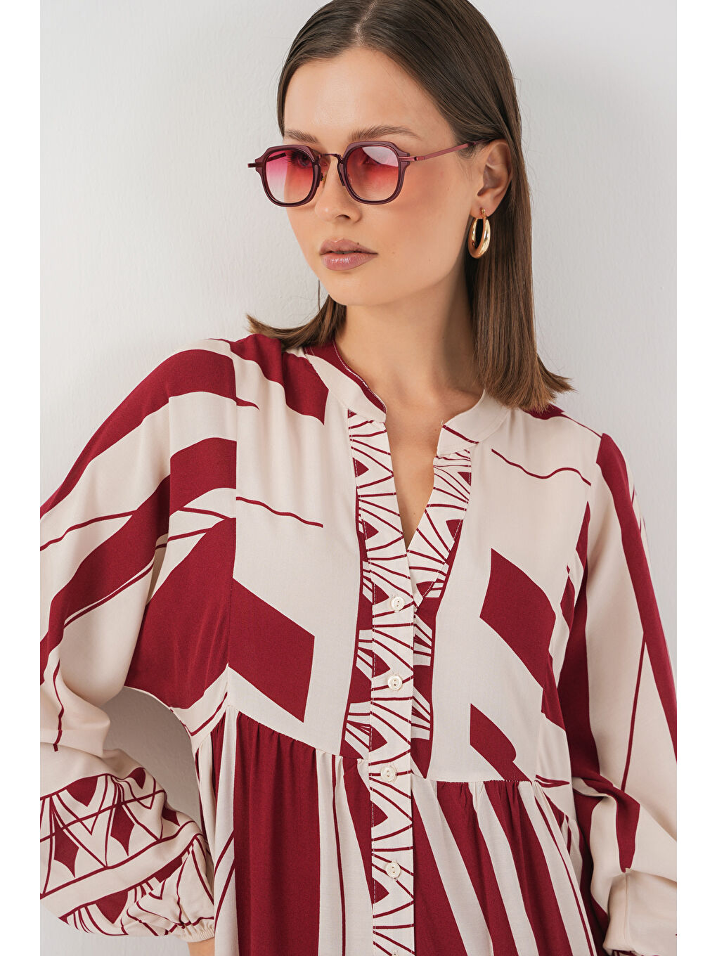 Kadın Desenli Uzun Tesettür Elbise 2585 - Y.Bordo-3